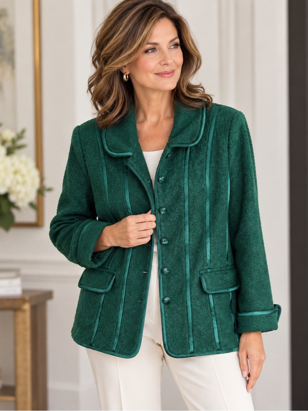 Linea by Louis Dell’Olio Blazer/Jack Size M Green Bouclé Satin Trim Wool